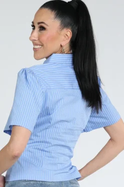 Neo Noir Balara stripe poplin Blouse korte mouw Licht blauw