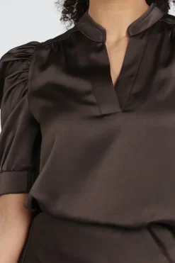 Neo Noir Roella Heavy Sateen blouse Blouse korte mouw Donker bruin