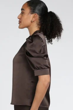 Neo Noir Roella Heavy Sateen blouse Blouse korte mouw Donker bruin