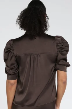 Neo Noir Roella Heavy Sateen blouse Blouse korte mouw Donker bruin