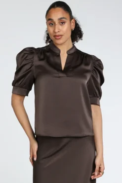 Neo Noir Roella Heavy Sateen blouse Blouse korte mouw Donker bruin